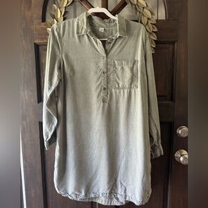 Chambray dress in light sage green. Size large, buttons in the front, collared.